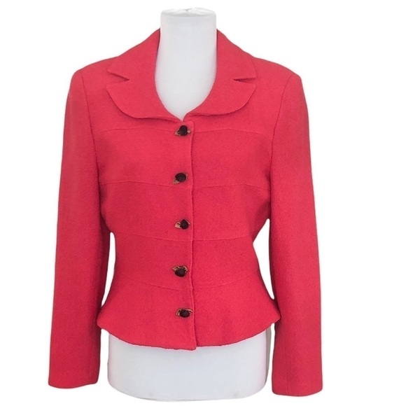 Kay Unger Wool tweed Blazer 10 Jacket satin flower buttons Pink USA made - Picture 1 of 9